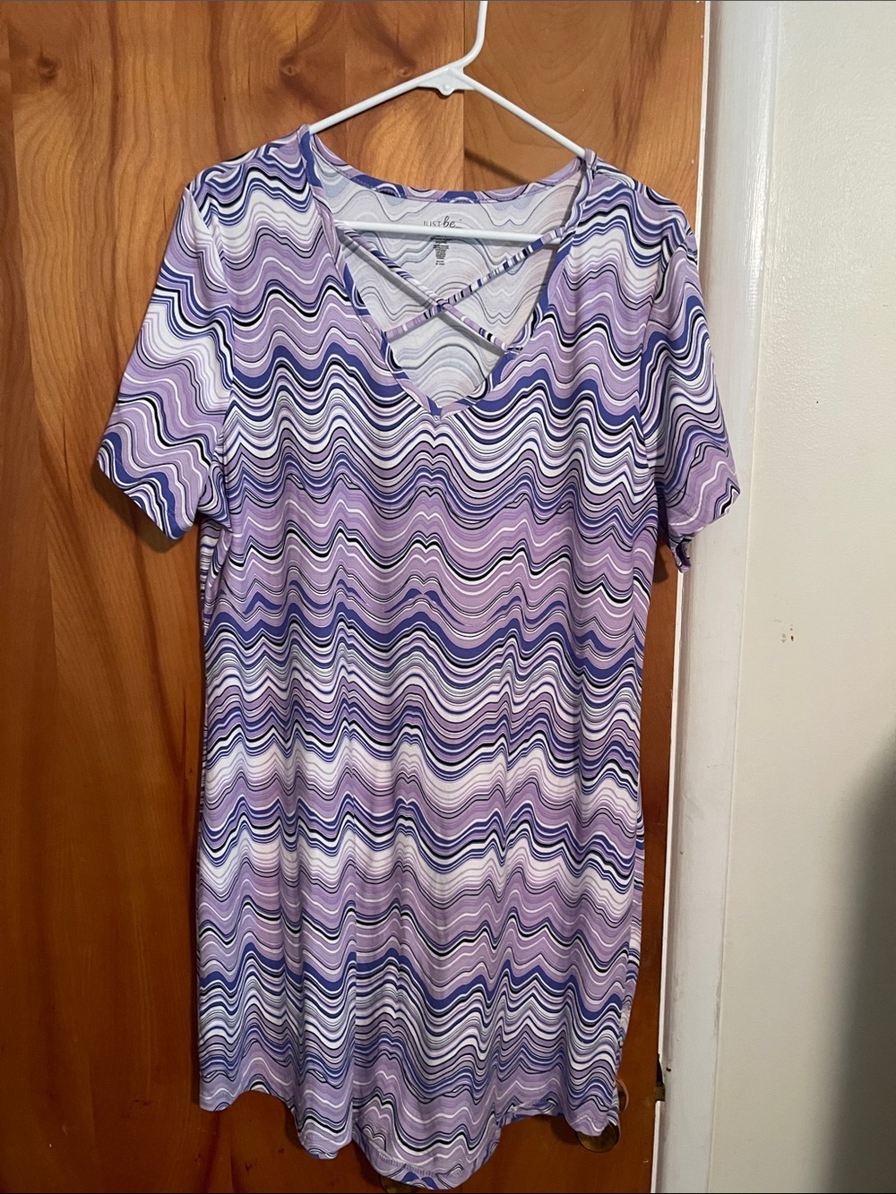just be Lavender & White Wave Print Crisscross Neck Dress